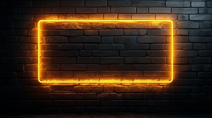Empty Dark Black Brick Wall Background with a Glowing Rectangular Orange Neon Light Frame