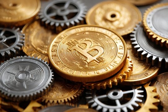 Bitcoin cryptocurrency mechanism with gears and gold coins