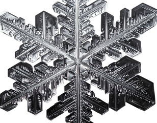 Intricate six-branched crystalline ice formation on black