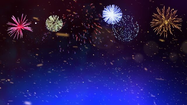 Fireworks in Night Sky with glowing twirly snowflakes background seamlessly loopable	