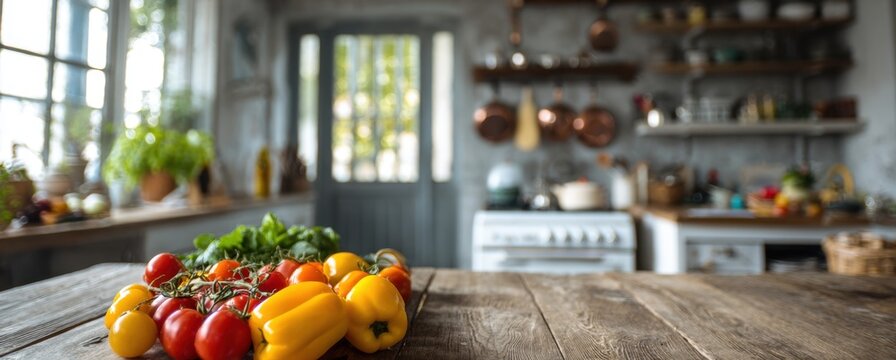 Fresh colorful vegetables and herbs arranged on a rustic kitchen countertop