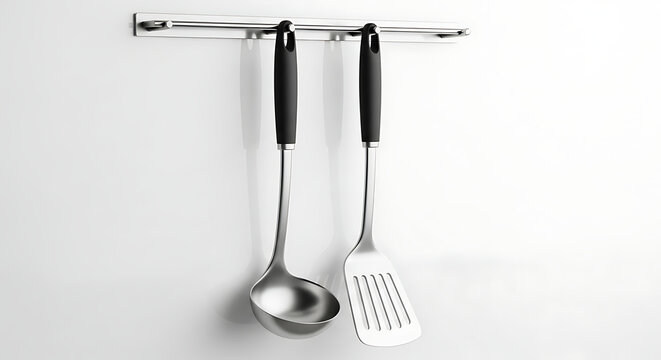 Essential cooking utensils, a stainless steel soup ladle and a slotted spatula, hanging on a modern wall-mounted rack for kitchen organization