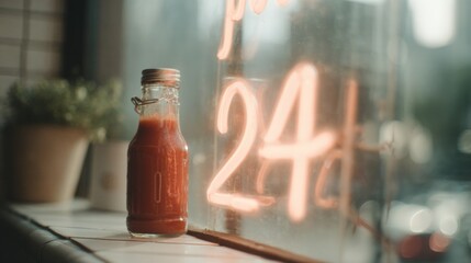 Small glass bottle with a metal cap sitting on a window sill. the bottle is filled with a red liquid, which appears to be tomato sauce.