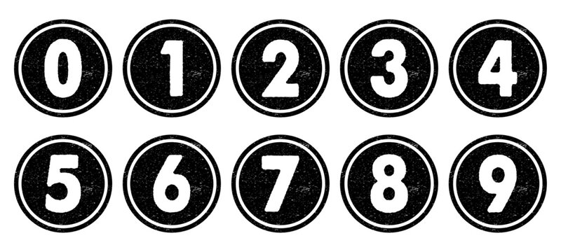 Number icons set black distressed textured grunge circles with white digits 0-9 vector collection