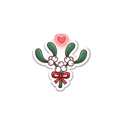 A cute cartoon mistletoe sprig with green leaves, white berries, a red bow, and a glowing red heart above it