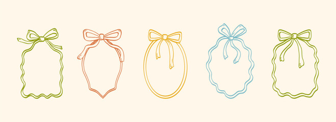 Doodle hand drawn wavy lines bow frames. Minimalist cute decor. Vintage vector whimsical borders for wedding invitations, birthday card, prints.