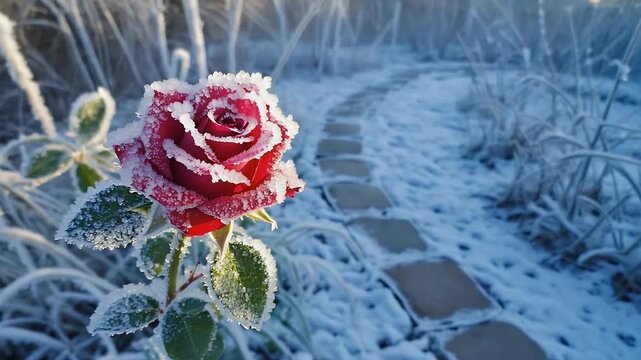 A vibrant red rose, delicately covered in sparkling frost and ice crystals, stands resiliently in a serene winter landscape. The frosty foreground features intricate details on its petals and leaves, 