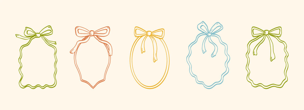 Doodle hand drawn wavy lines bow frames. Minimalist cute decor. Vintage vector whimsical borders for wedding invitations, birthday card, prints.