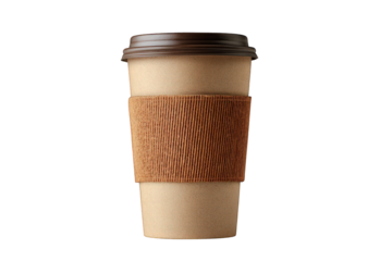 A paper coffee cup with a lid and sleeve rests against a Transparent background.