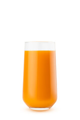 Fresh orange color vegetable juice of carrot or pumpkin in glass, closeup, isolated. Antioxidant vitamin vegetable  beverage for design of healthy eating menu for restaurant, cuisine, label, poster.