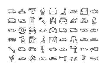 Civil Car Line Icon Set. Featuring Cars, Vehicles, Fuel Pumps, Road Signs, GPS, Traffic Lights, Wrenches, and More. Editable Stroke. Vector Illustration.