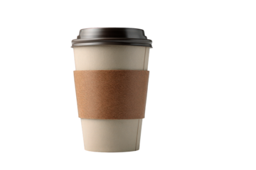 A disposable coffee cup with a brown cardboard sleeve sits in front of a Transparent background.