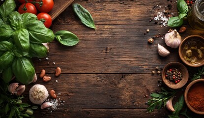 Fresh herbs and vegetables arranged on rustic wooden for cooking preparation