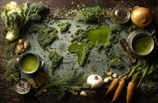 Fresh green vegetables herbs and spices arranged on rustic wooden - Powered by Adobe