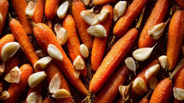 An overhead arrangement of roasted carrots and garlic cloves