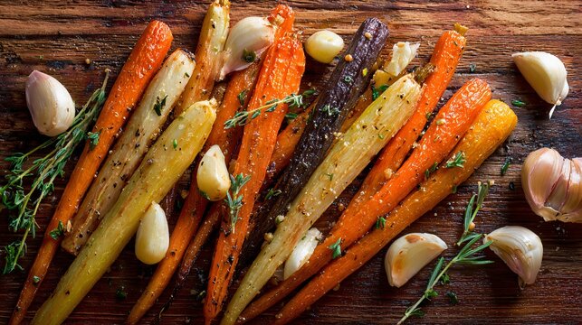 An overhead arrangement of roasted carrots and garlic cloves