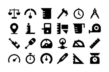 Measure Silhouette Icon Set. Including Scales, Rulers, Thermometers, Gauges, and Scientific Equipment and More. Editable Stroke. Vector Illustration.