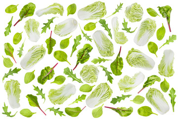 Fresh vegetables background of fly green chinese cabbage, leafy greens as pattern, texture. Spinach, arugula, chard leaves, isolated. Perfect for organic food advertising, detox menu, fitness diet.