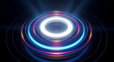 Abstract Technology Neon Rings Glowing Light Dark Background Copy Space