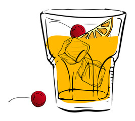 Illustrated cocktail featuring an orange slice, cherry, and ice cubes in a glass. perfect for party themes.