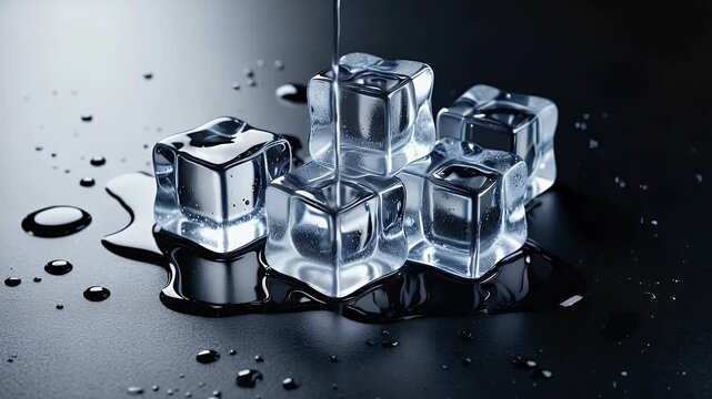 A visually striking close-up shot captures several pristine ice cubes resting elegantly on a sleek, dark, and reflective surface. A gentle stream of clear water is gracefully poured onto one of the tr