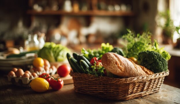 Fresh vegetables and bread in a rustic basket on a wooden kitchen counter - Powered by Adobe