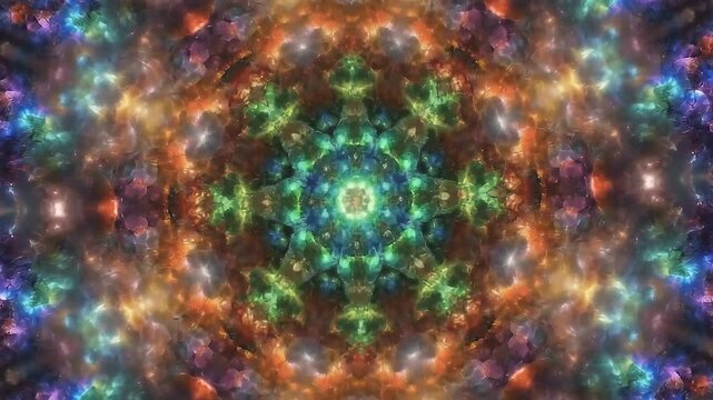 Mesmerizing kaleidoscopic mandala bursting with vibrant jewel tones and intricate fractured textures, evoking wonder and creativity