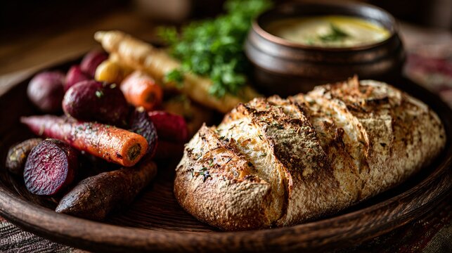 A roasted root platter beside rustic bread, homely setting - Powered by Adobe