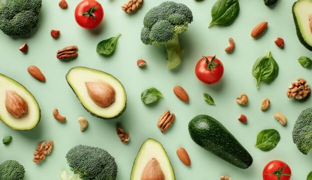 Fresh vegetables and fruits including tomatoes avocados broccoli and spinach