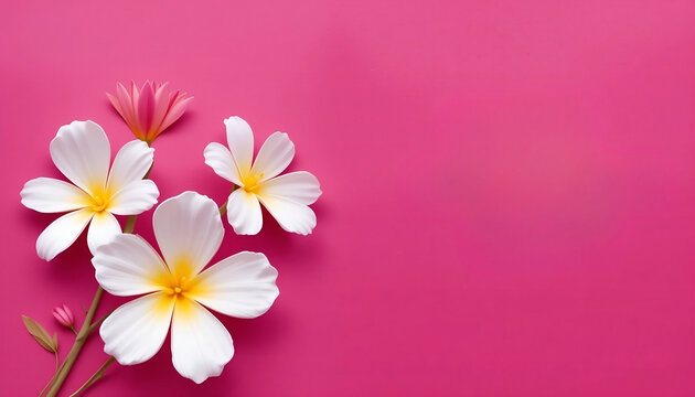 Three elegant white daisy flowers with yellow centers arranged on the left against a bright, solid magenta background, providing ample negative space for text or design, perfect for spring promotions,
