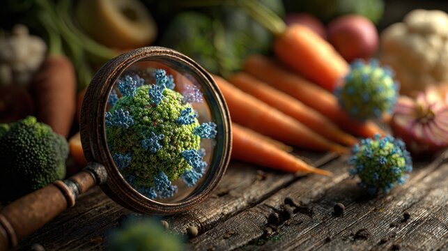Fresh vegetables and herbs on rustic wooden with magnifying glass