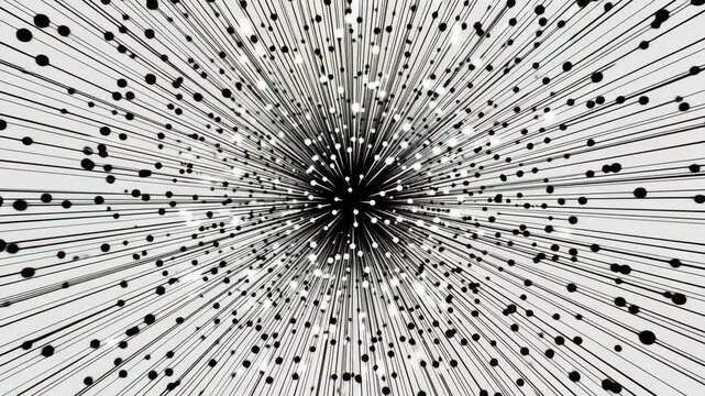 Abstract Explosion of Black Dots and Lines Radiating from a Dark Center on White background
