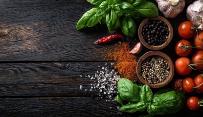 Fresh vegetables and spices arranged on rustic dark wooden for cooking