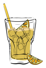 Vibrant illustration of a citrus cocktail with ice cubes, straw, and a lemon slice garnish.
