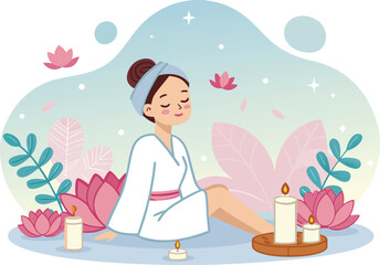 Beauty salon and spa doodle set. Skin care and natural treatment, natural cosmetics concept, time for yourself. Spa with aroma oil, nail file, sleep mask and other care items.	