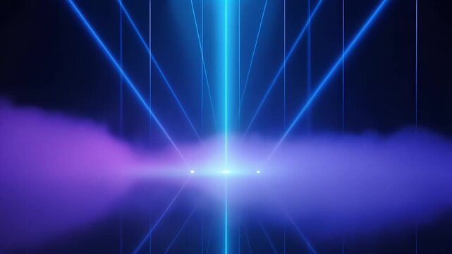 An abstract, futuristic background features vibrant blue light rays converging towards a central, pulsating glow. Dynamic laser lines pierce through a mysterious, ethereal purple and blue fog, creatin