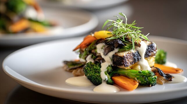A roasted vegetables plated with creamy sauce, modern minimal