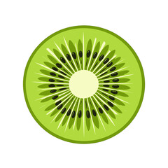 Close Up Slice of Bright Green Kiwi Fruit Showing Black Seeds and White Center Isolated on White Background