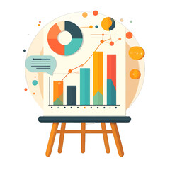 Business Presentation With Colorful Bar Chart And Pie Chart Data Analysis And Growth Graph On Easel With Blurred Circles Background