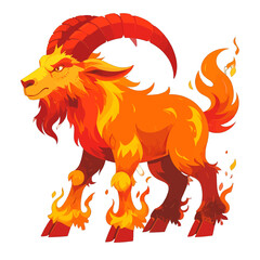 Fiery Ram Creature With Large Curved Horns And Flaming Hooves And Tail