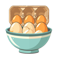 Six Fresh Eggs In A Teal Ceramic Bowl With A Cardboard Carton Container In A Studio Setting