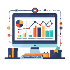 Digital Display Shows Colorful Business Growth Charts and Graphs With Computer Keyboard And Boxes In Minimalist Style