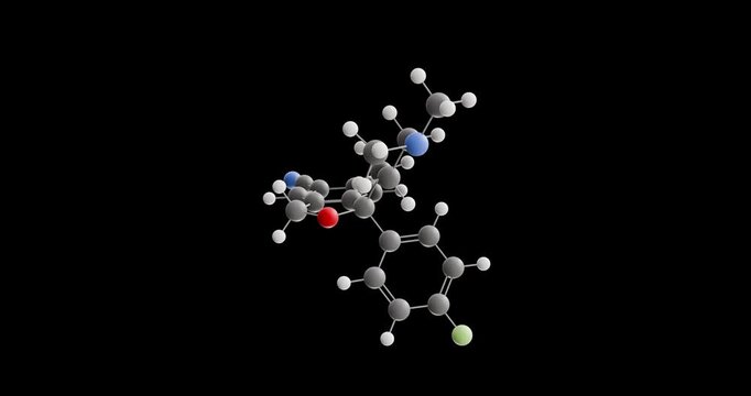 Escitalopram molecule, rotating 3D model of antidepressant, looped video on a black background

