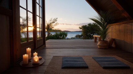 Serene Interior of a Luxurious Yoga Retreat at Dawn Overlooking Calm Waters
