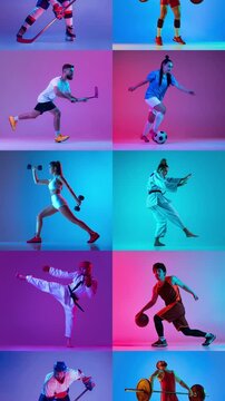 Loop animation. Multisport athletes training in dynamic poses under neon studio lights. Concept of motivation, performance, and diversity in modern athletic lifestyle and fitness education.