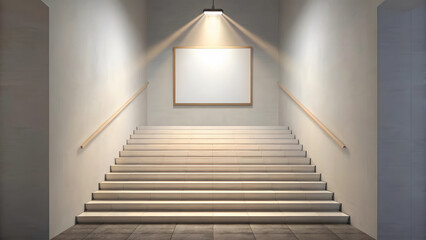 White staircase with blank picture frame and spotlight