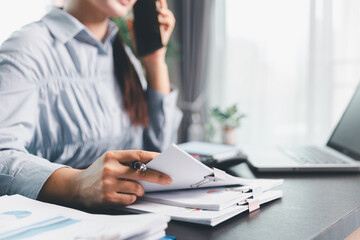 Business woman analyze calculate company financial, tax results office accounting statistics...