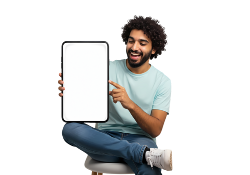 Excited man points to blank screen for your ad!