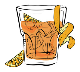 Vibrant cocktail with ice cubes, citrus slice, and lemon peel, captured in artistic style for vibrant designs.