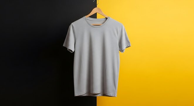 Grey tshirt hanging on a hanger against a split black and yellow background